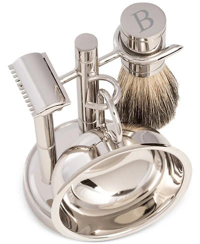 Bey-Berk Men's Chrome Monogrammed Safety Razor & Brush Set