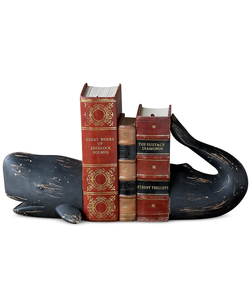Decorative Distressed Resin Whale Bookends, Black, Set of 2