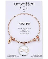 Unwritten Infinity Glass Shaker Charm Adjustable Bangle Bracelet in Rose Gold-Tone Stainless Steel with Silver Plated Charms