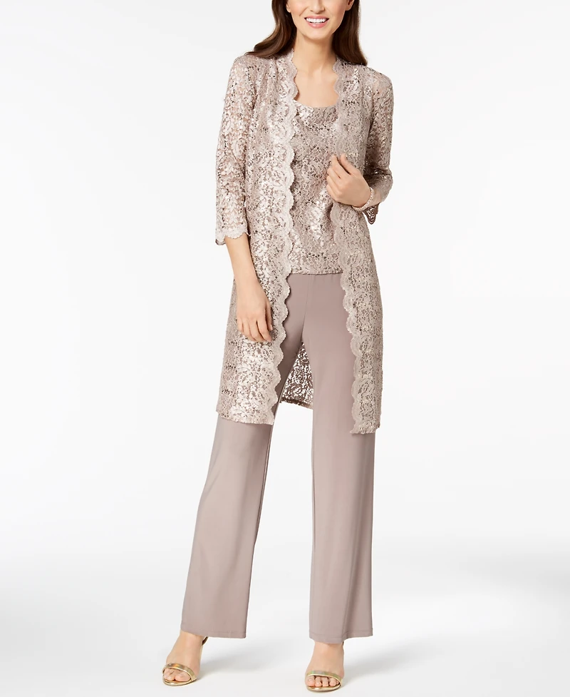 R & M Richards 3-Pc. Sequined Lace Pantsuit Jacket