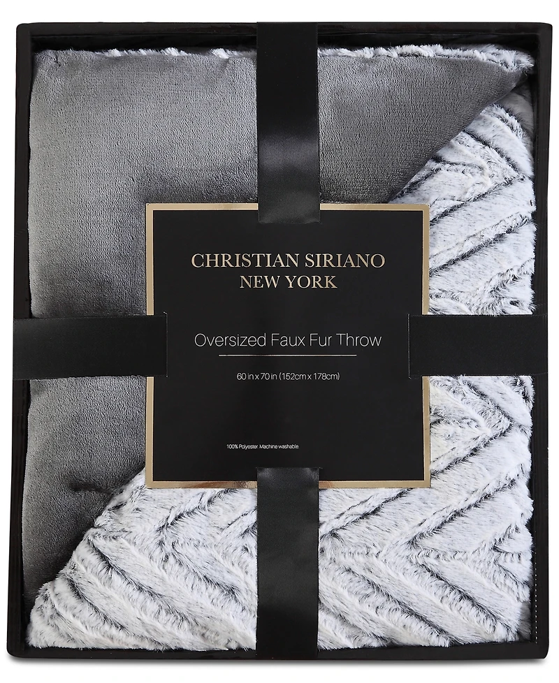 Christian Siriano Gray Chevron Luxury Faux-Fur Throw, 60" x 70"