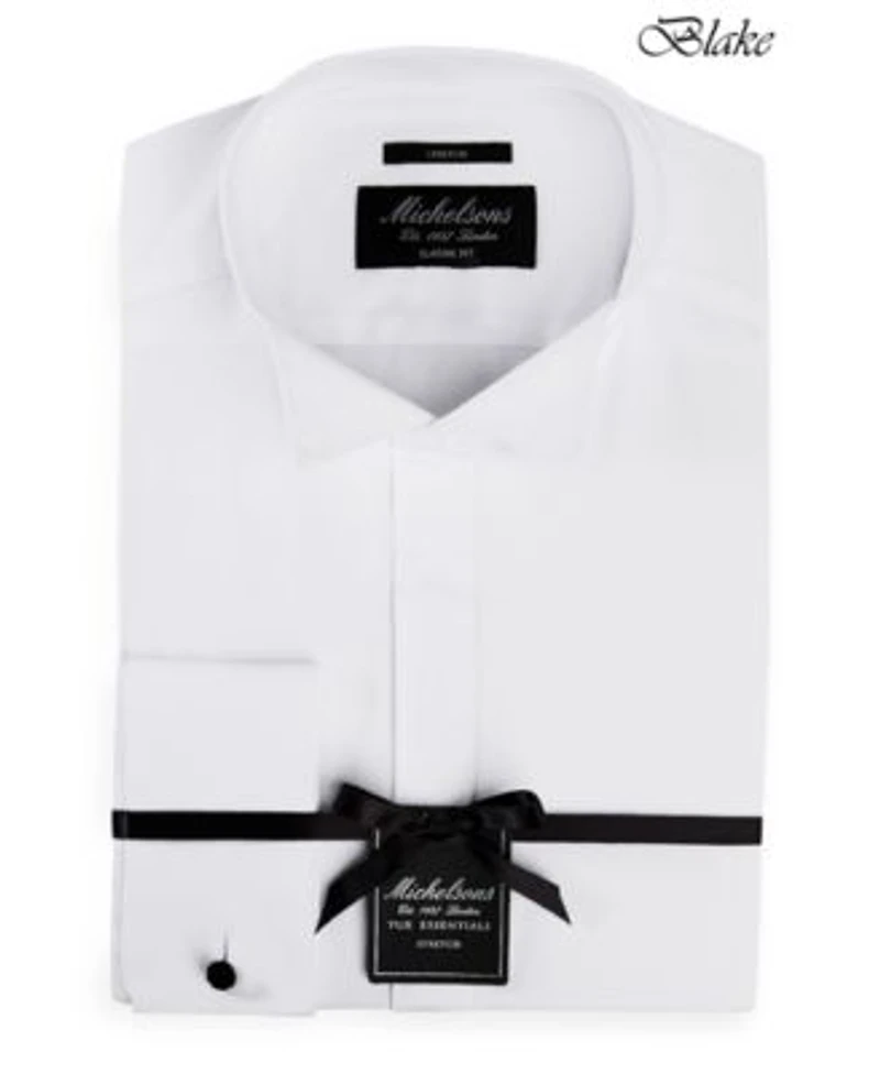 Michelsons Of London Mens Stretch Solid Wing Collar French Cuff Tuxedo Shirt Regular Slim Fit