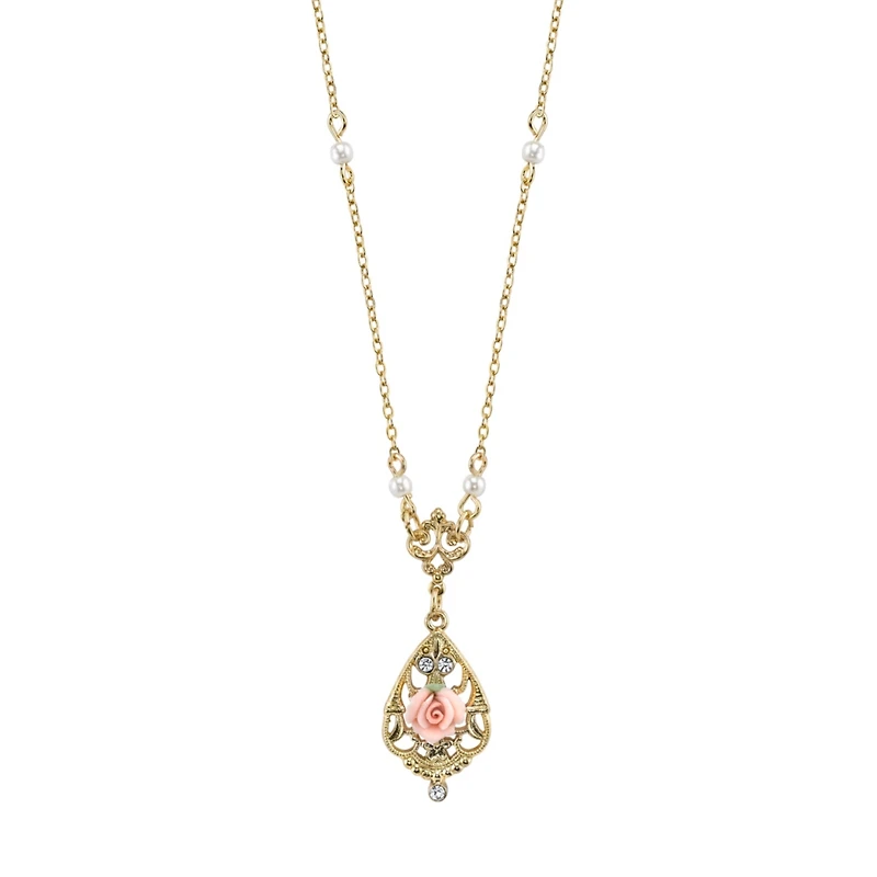 2028 Gold-Tone Crystal and Pink Porcelain Rose Simulated Pearl Necklace 17"