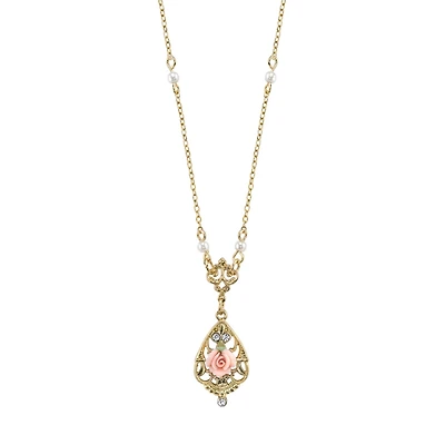 2028 Gold-Tone Crystal and Pink Porcelain Rose Simulated Pearl Necklace 17"