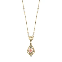 2028 Gold-Tone Crystal and Pink Porcelain Rose Simulated Pearl Necklace 17"