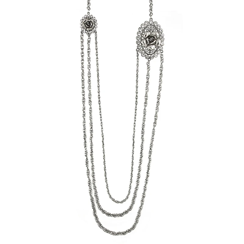 2028 Silver-Tone Crystal Flower Triple Chain Necklace 30"