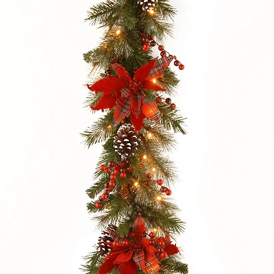 National Tree 9' X 12" Decorative Collection Tartan Plaid Garland with Cones, Red Berries, Poinsettas and 50 Soft White Battery Operated LEDs with Tim