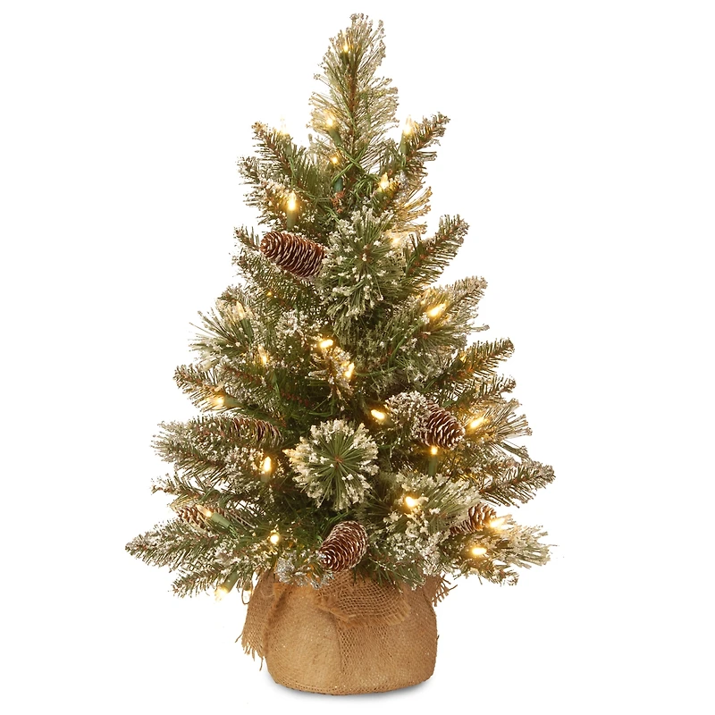 National Tree Company 2' Glittery Bristle Pine Burlap Tree with Warm White Battery Operated Led Lights
