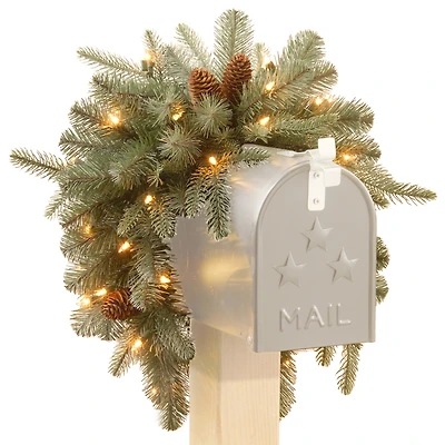 National Tree Company 36" Frosted Arctic Spruce Mailbox Swag with Battery Operated Warm White Led Lights