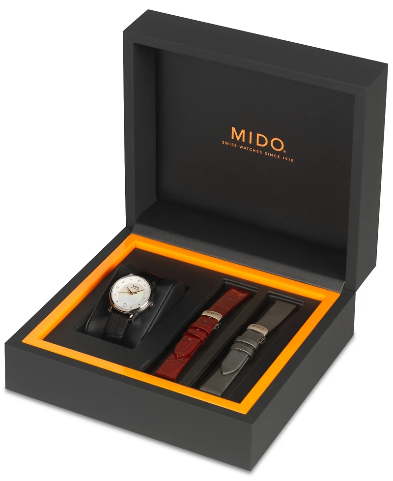Mido Women's Swiss Automatic Baroncelli Ii Diamond-Accent Black Synthetic Leather Strap Watch 27.9mm