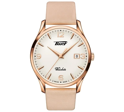 Tissot Unisex Swiss Heritage Visodate Beige Leather Strap Watch 40mm