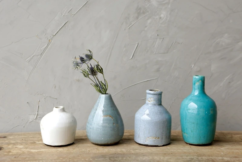 Round Terracotta Vases, Blue and Ivory, Set of 4