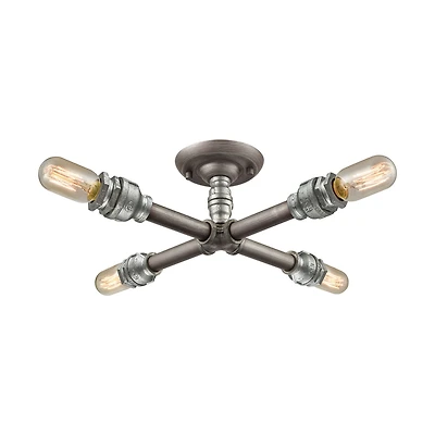 Cast Iron Pipe 4 Light Semi Flush in Weathered Zinc