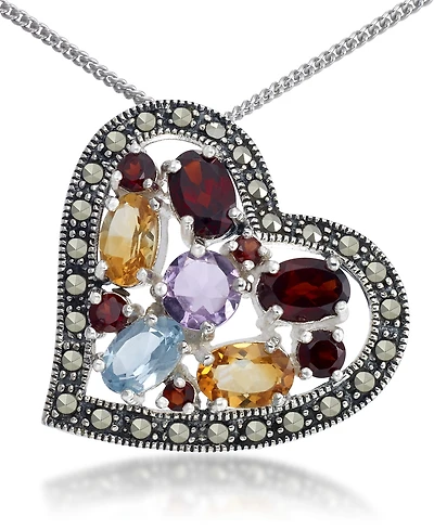 Multi-Color Stones & Marcasite Floating Heart Pendant on 18" Chain in Sterling Silver