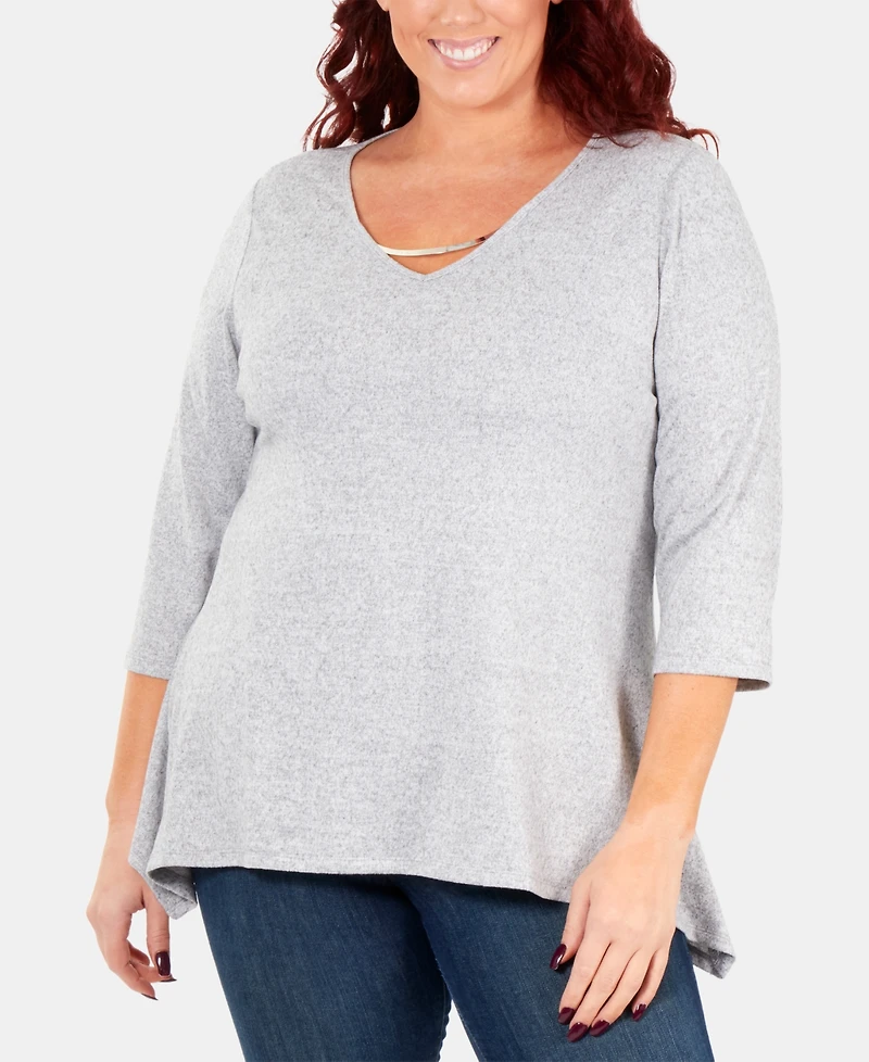 Ny Collection Plus Size Handkerchief-Hem 3/4-Sleeve Top