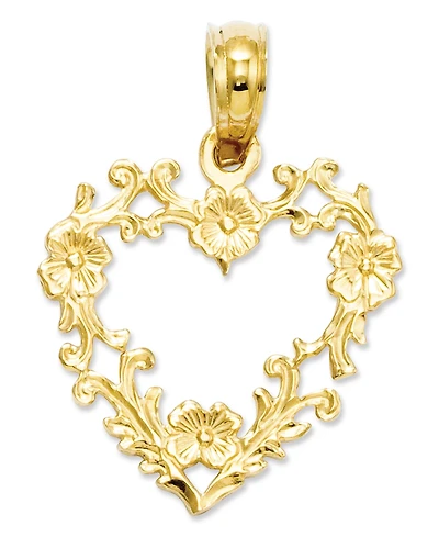 14k Gold Charm, Floral Cut-Out Heart Charm