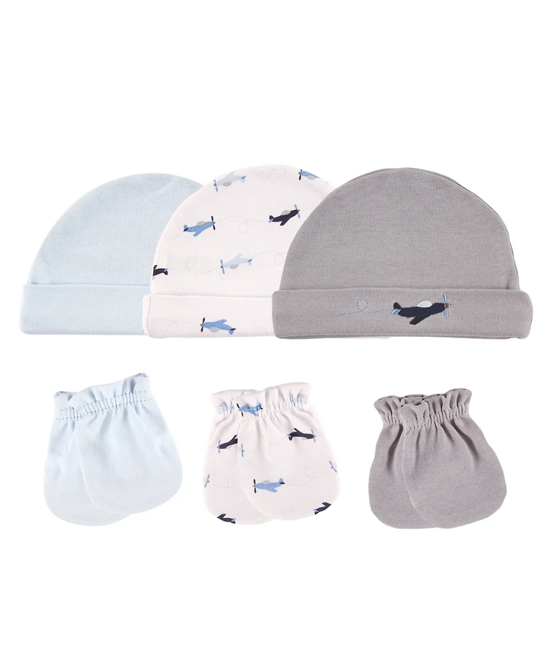 Luvable Friends Baby Boys Cotton Caps and Scratch Mittens 6pk, Airplane, 0-6 Months