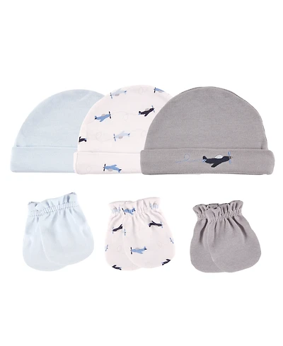Luvable Friends Baby Boys Cotton Caps and Scratch Mittens 6pk, Airplane, 0-6 Months