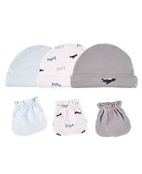 Luvable Friends Baby Boys Cotton Caps and Scratch Mittens 6pk, Airplane, 0-6 Months