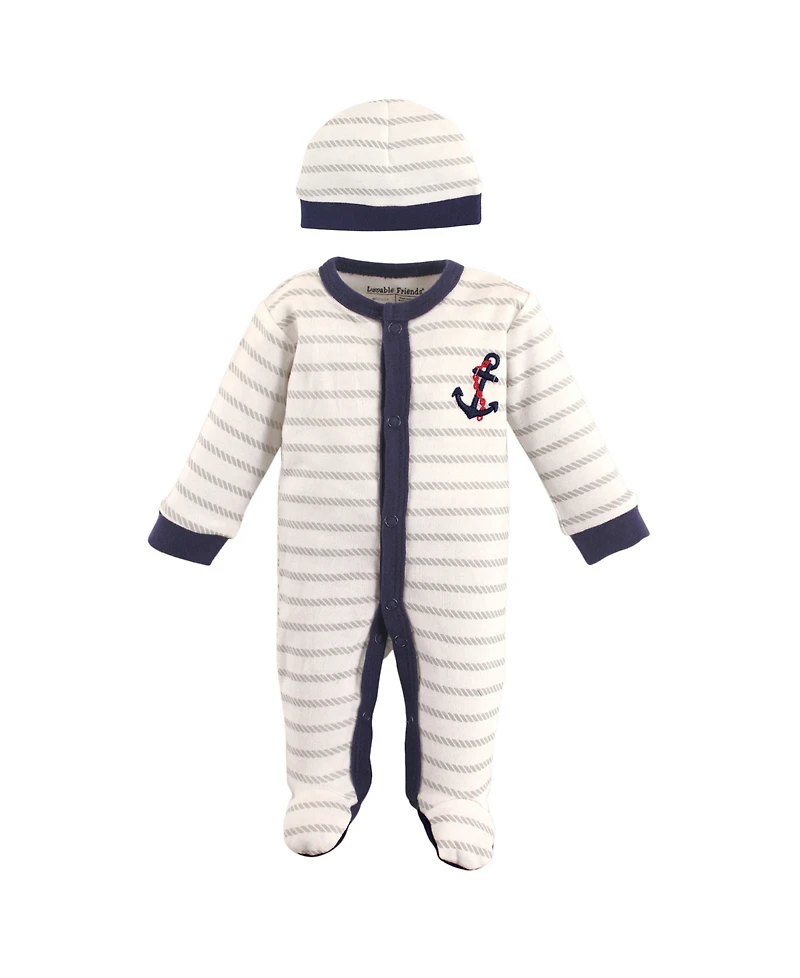 Luvable Friends Baby Boys Cotton Preemie Snap Sleep and Play and Cap 2pc Set, Anchor, Preemie