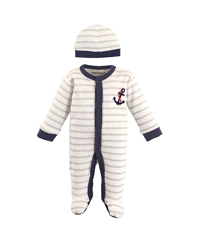 Luvable Friends Baby Boys Cotton Preemie Snap Sleep and Play and Cap 2pc Set, Anchor, Preemie