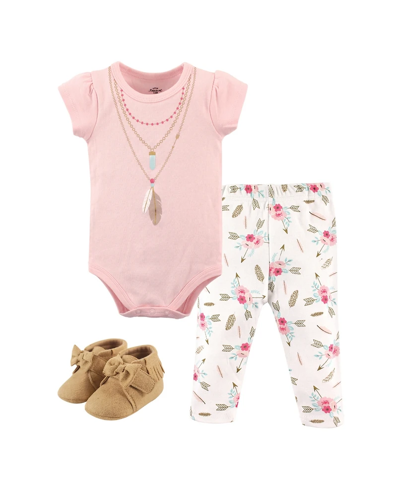 Little Treasure Baby Girls One's Cotton Outfit Set Bodysuit, Pants, and Matching Shoes