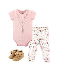 Little Treasure Baby Girls One's Cotton Outfit Set Bodysuit, Pants, and Matching Shoes