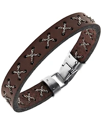 Sutton Stainless Steel Crossed Chain Brown Leather Bracelet