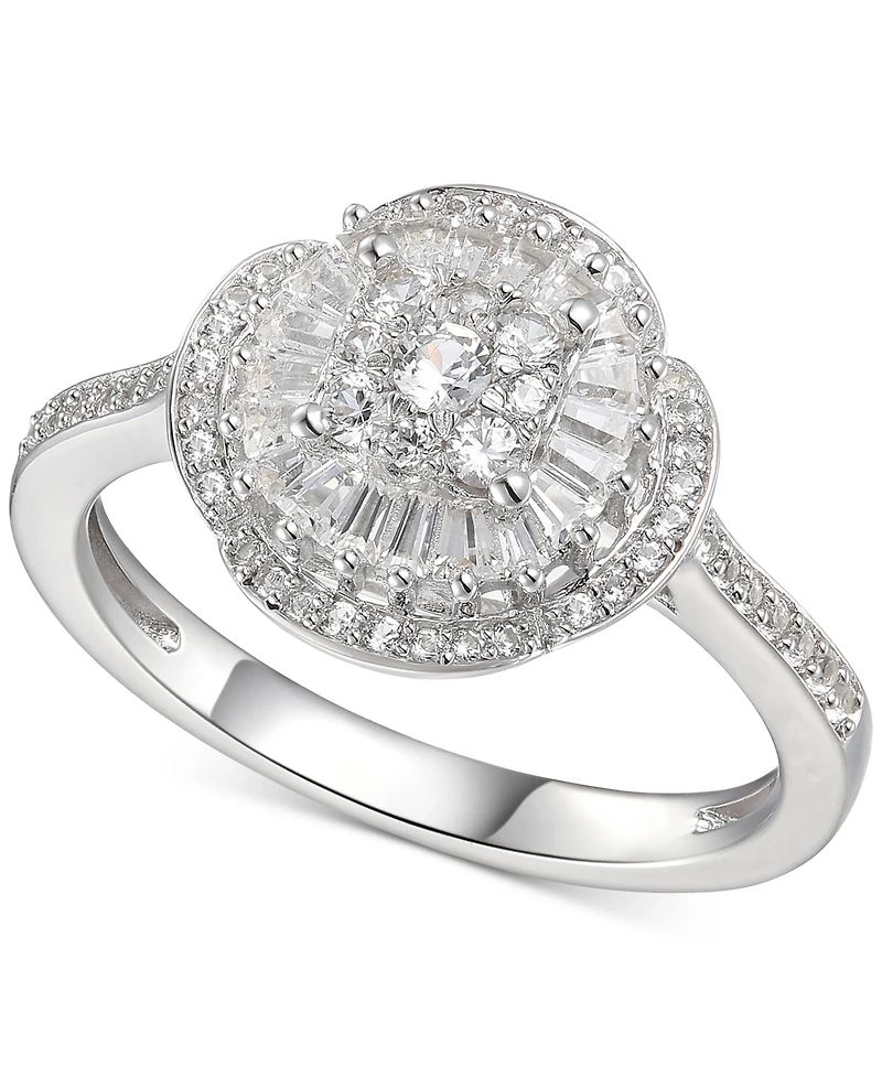 Cubic Zirconia Baguette Cluster Halo Ring Sterling Silver