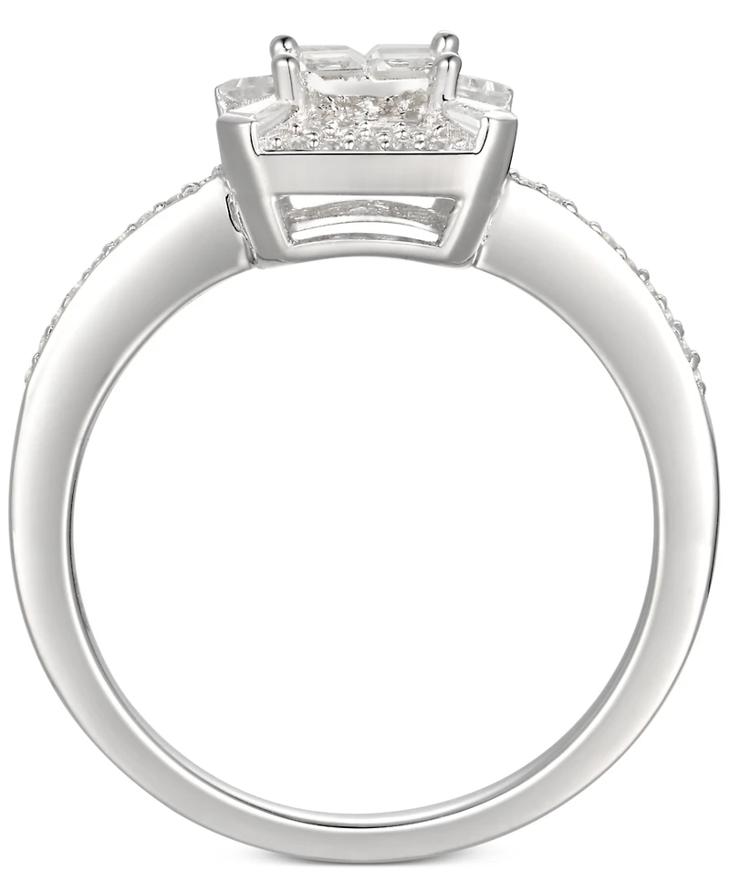 Cubic Zirconia Square Cluster Halo Ring Sterling Silver