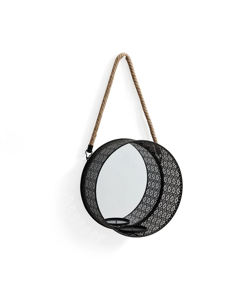 Danya B. Round Mirror Pillar Candle Sconce with Filigree Metal Frame