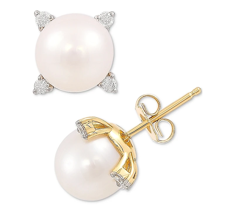 Cultured Freshwater Pearl (8mm) & Diamond (1/8 ct. t.w.) Stud Earrings in 14k Gold