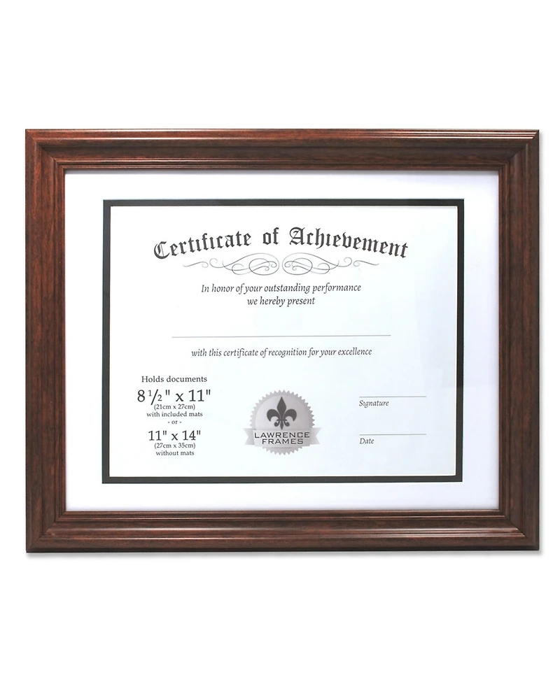 Lawrence Frames Dual Use Walnut 11" x 14" Certificate Picture Frame with Double Bevel Cut Matting For Document - 8.5" x 11"
