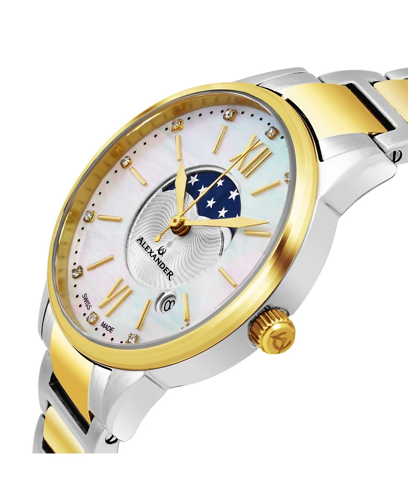 Alexander Watch AD204B-04, Ladies Quartz Moonphase Date Watch with Yellow Gold Tone Stainless Steel Case on Yellow Gold Tone Stainless Steel Bracelet