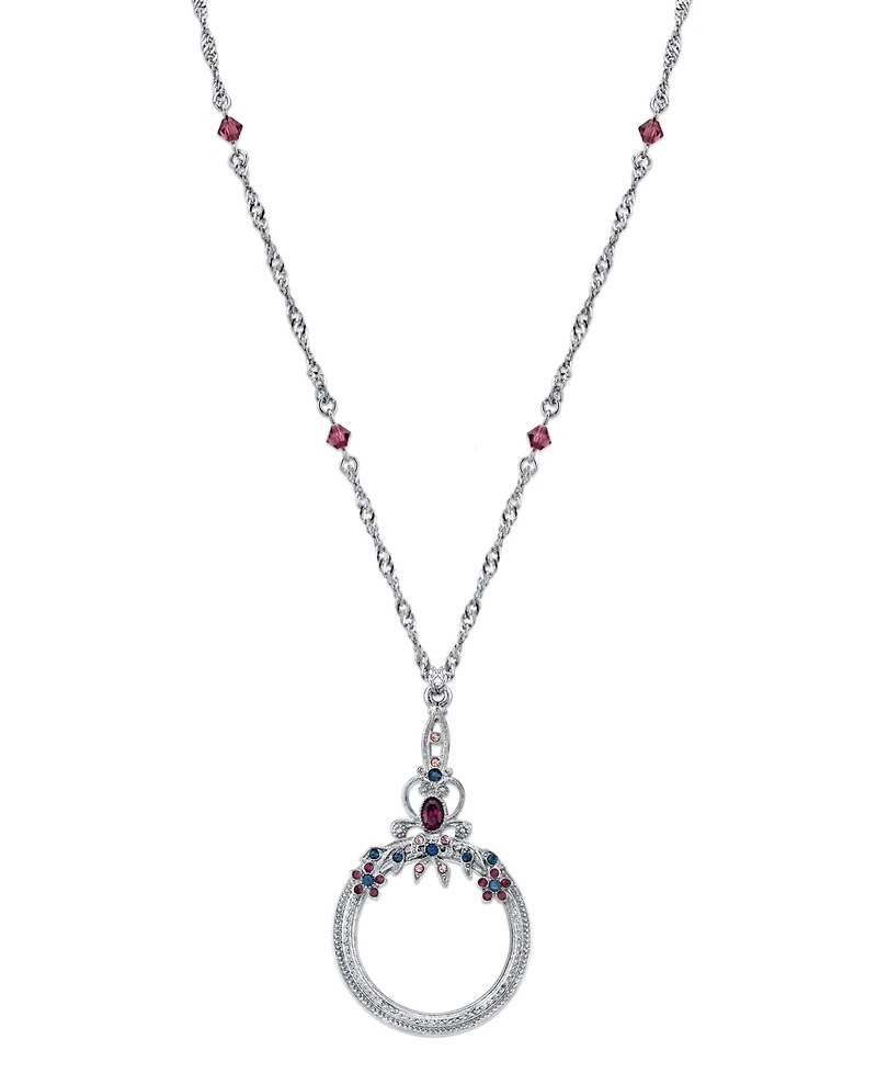 2028 Silver Tone Blue Purple Crystal Magnifying Glass Necklace 30"