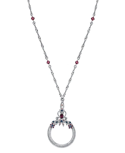 2028 Silver Tone Blue Purple Crystal Magnifying Glass Necklace 30"