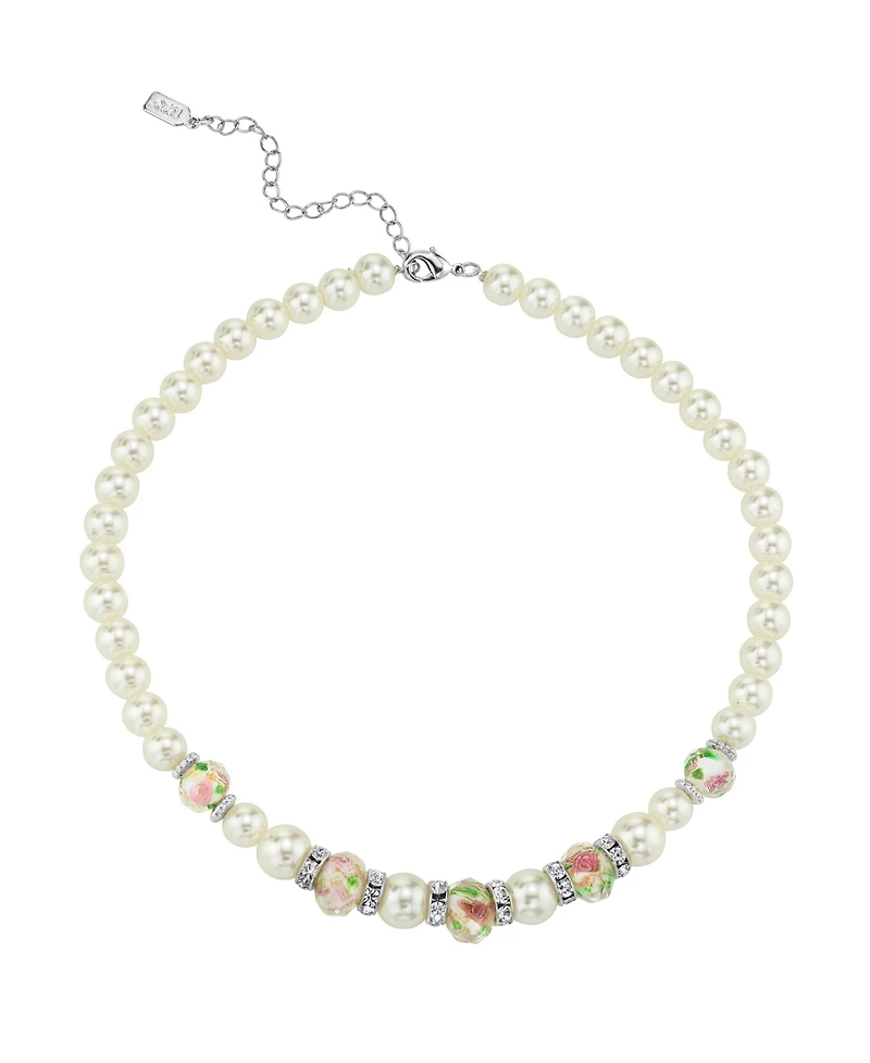 2028 Silver Tone Faux Pearl Pink Flower Beaded Necklace 15" Adjustable