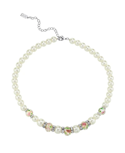 2028 Silver Tone Faux Pearl Pink Flower Beaded Necklace 15" Adjustable