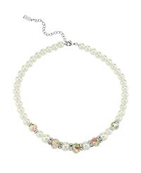 2028 Silver Tone Faux Pearl Pink Flower Beaded Necklace 15" Adjustable