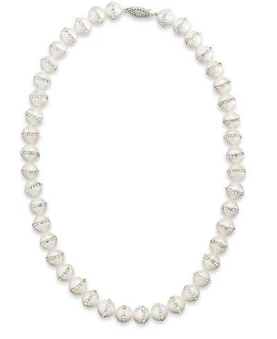 Sterling Silver Necklace, Cultured Freshwater Pearl (10-11mm) and Crystal Halo Necklace