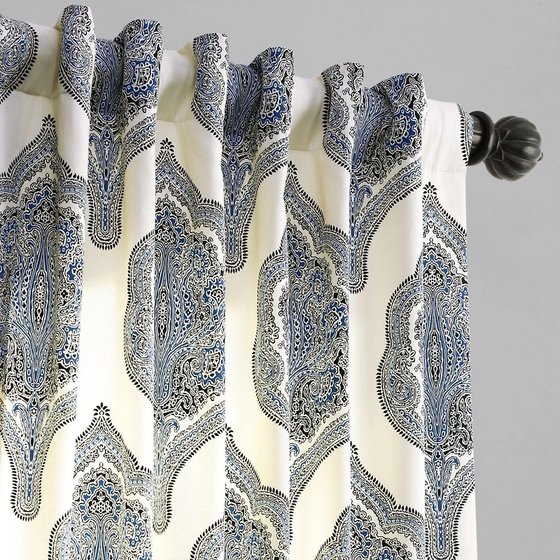 Half Price Drapes Arabesque Blue Emblem Printed Cotton Room Darkening Curtain