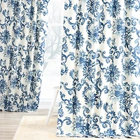 Half Price Drapes Indonesian Blue Floral Printed Cotton Room Darkening Curtain
