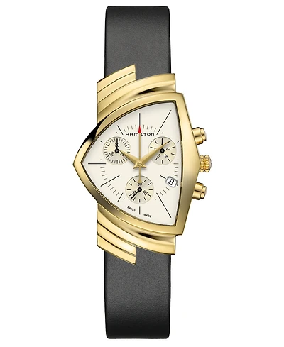 Hamilton Unisex Swiss Chronograph Ventura Black Leather Strap Watch 32.3x50.3mm