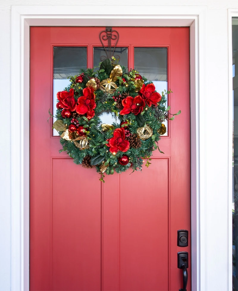 Village Lighting 30" Lighted Christmas Wreath, Red Magnolia