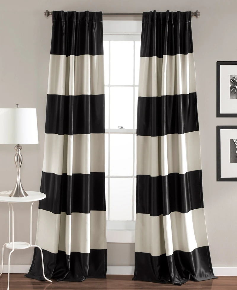 Lush Decor Montego Stripe Light Filtering Window Curtain Panels Pair 52"W x 84"L Black - Black Curtains for Bedroom