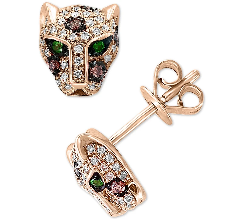 Effy Diamond (1/3 ct. t.w.) & Tsavorite Accent Panther Stud Earrings in 14k Rose Gold