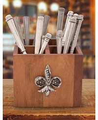 Vagabond House Square Caddy Acacia Wood Flatware, Serve Ware, Utensil, Carry-All Holder with Solid Pewter Fleur De Lis Accent, 4 Compartments