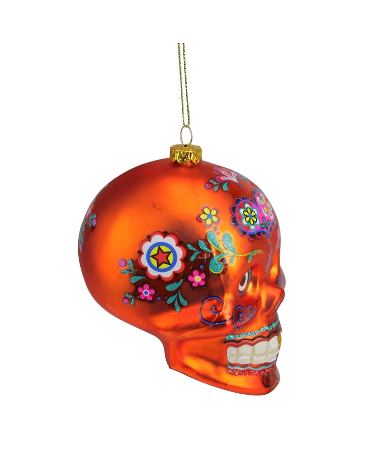 Northlight 4" Day of the Dead Orange Glitter Embellished Skull Halloween Christmas Ornament