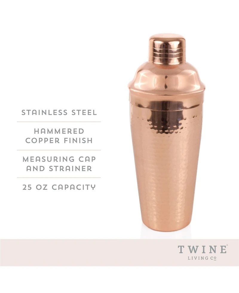 Twine Hammered Copper Cocktail Shaker with Built-in Strainer, 25 Oz