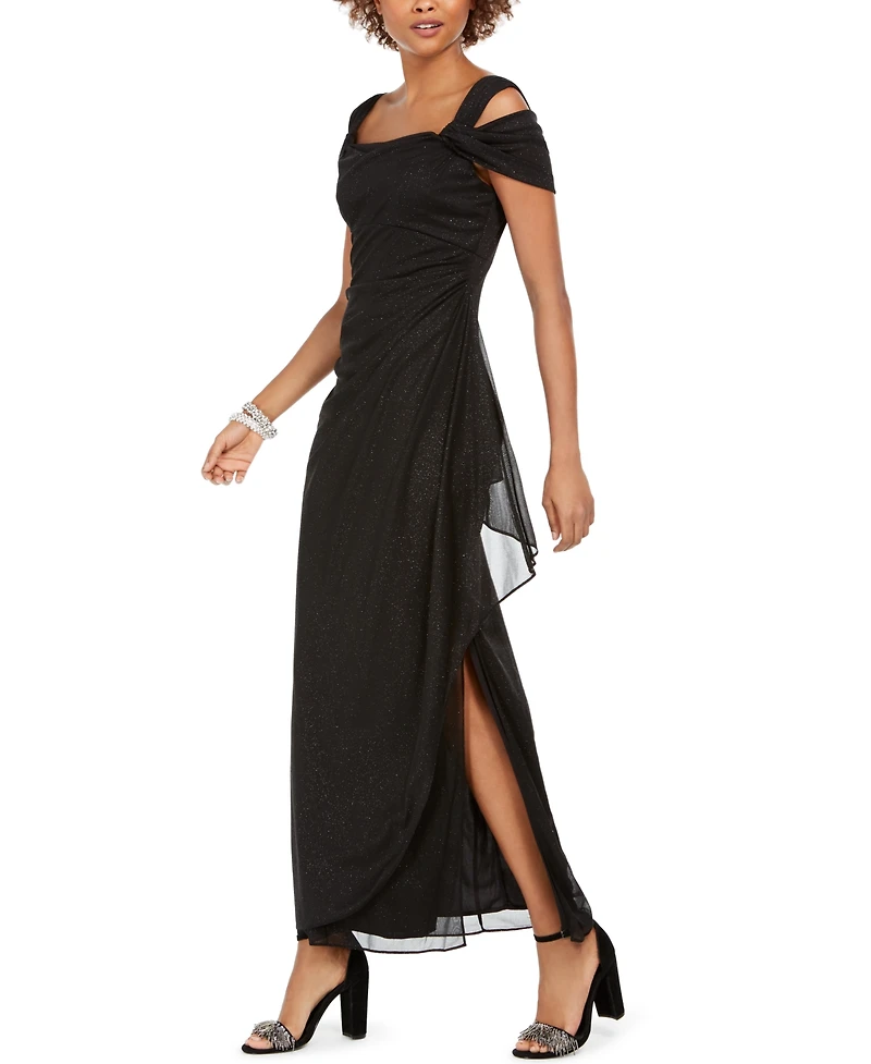 Alex Evenings Petite Cold-Shoulder Draped Metallic Gown